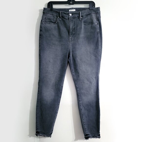 Good American Women Good Legs High Rise Jeans Size 16 Raw Hem Black Wash Cropped - Picture 1 of 13
